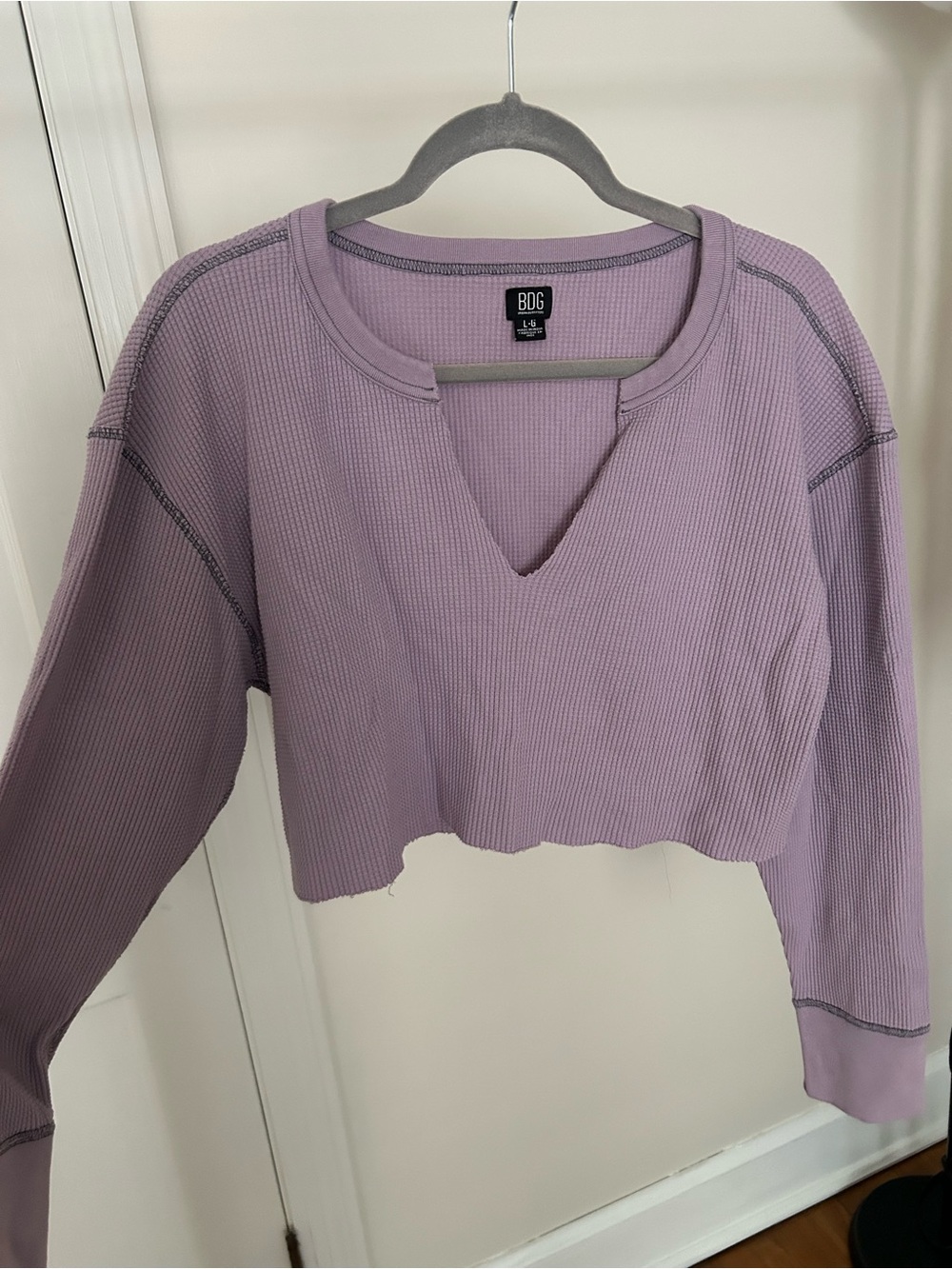 BDG Lilac Waffle-Knit Cropped V-Notch Sweatshirt